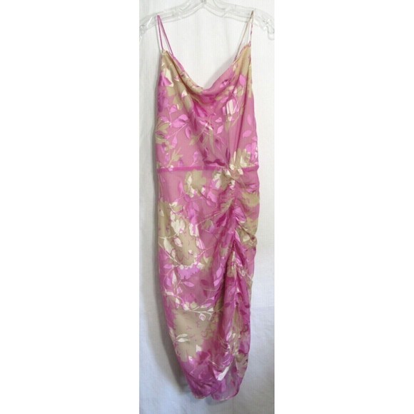Samsoe Samsoe Pink Kirigami Floral Dapples Ruched Satin Burnout Dress Large NWT - Picture 2 of 6